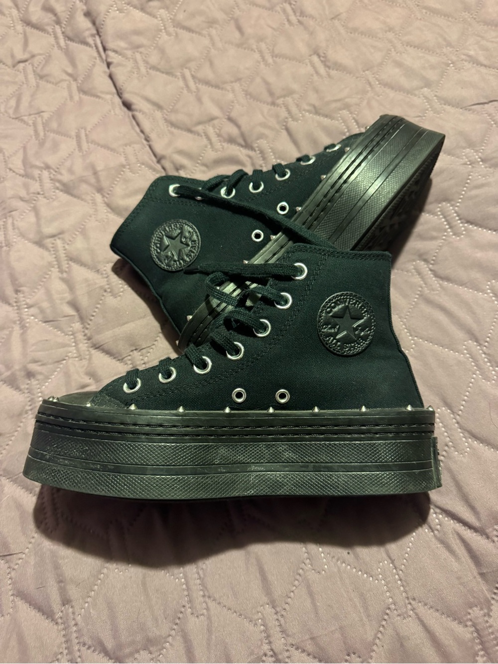 Womens 5.5 Black Studded Converse Double Platform High Tops - Picture 2 of 5